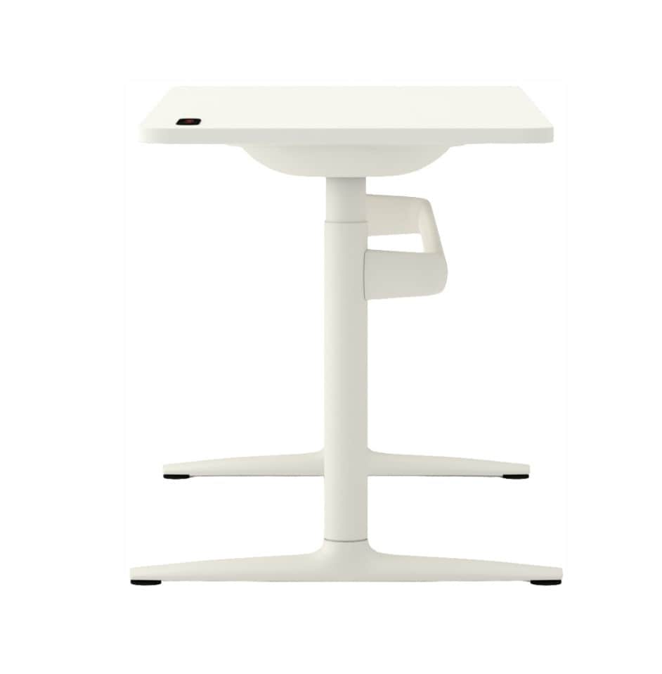 A minimalist, white height-adjustable standing desk featuring a rectangular top with rounded corners… — 3D model