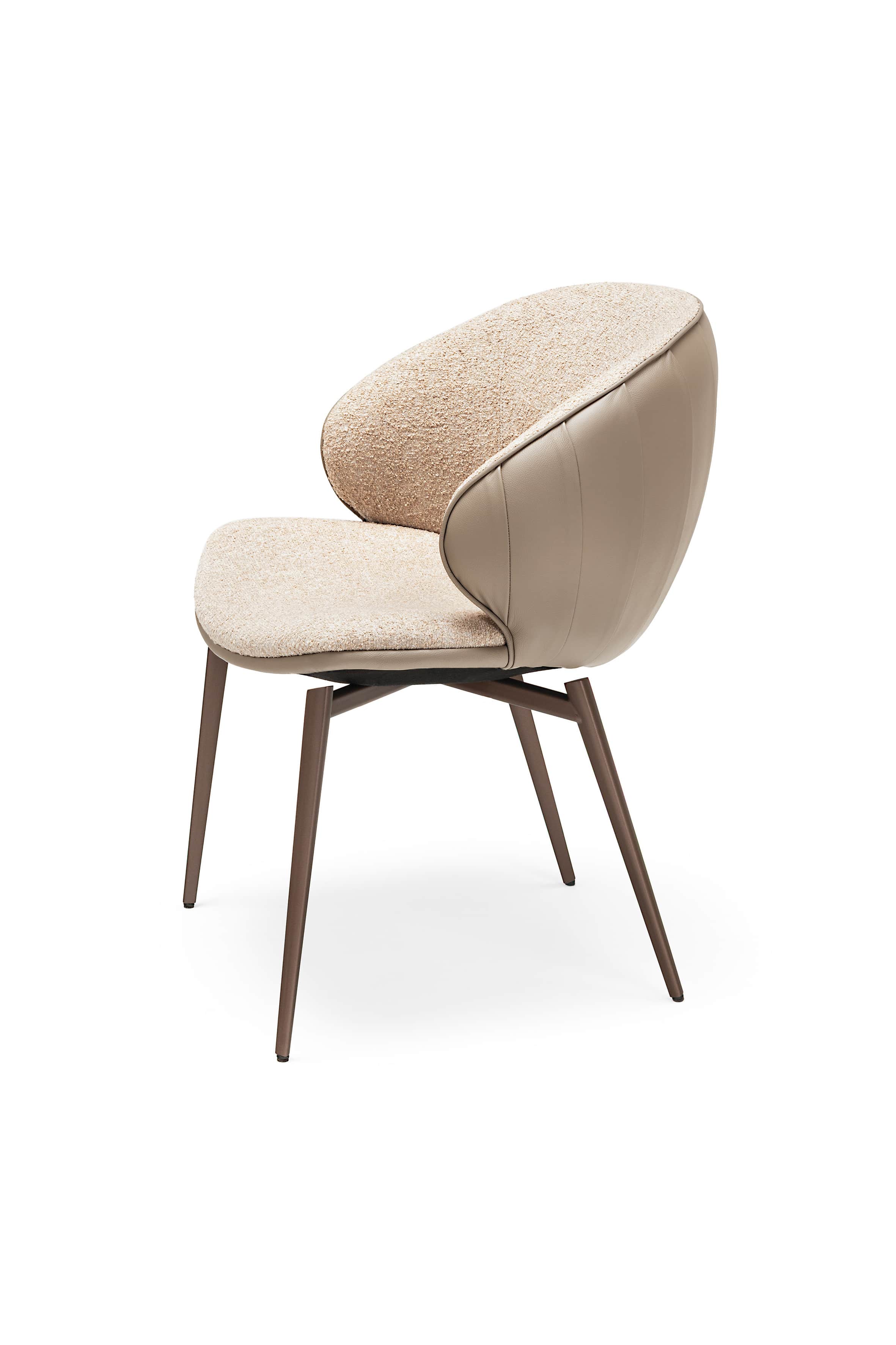 A modern armchair with a curved back and seat, upholstered in textured beige fabric and smooth taupe… — 3D model