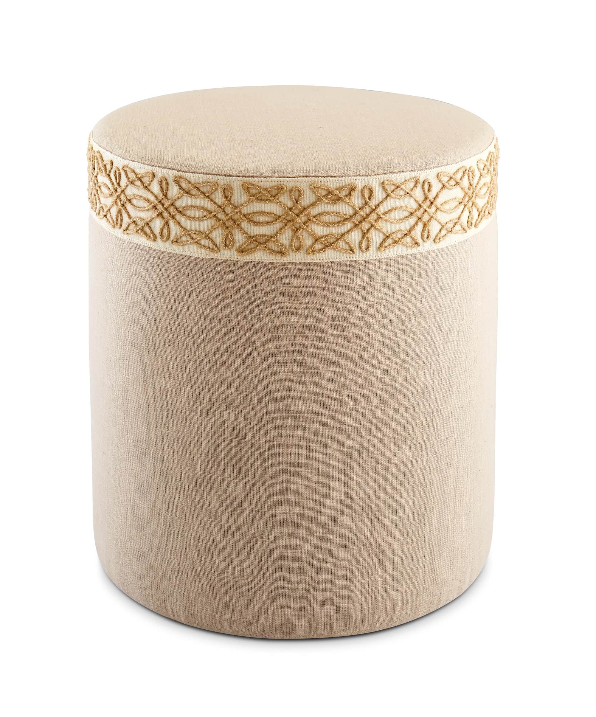 A cylindrical ottoman upholstered in a textured, neutral-toned fabric. A decorative band with intric… — free OBJ 3D model