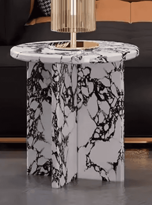 A round-topped end table with a base composed of three columnar supports with a marble-like pattern.… — 3D model