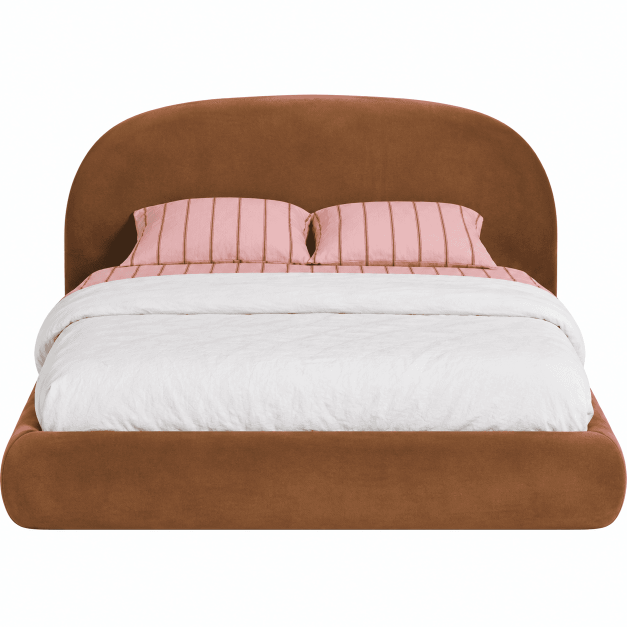 An upholstered platform bed featuring a continuous, integrated design with a softly curved headboard… — 3D model