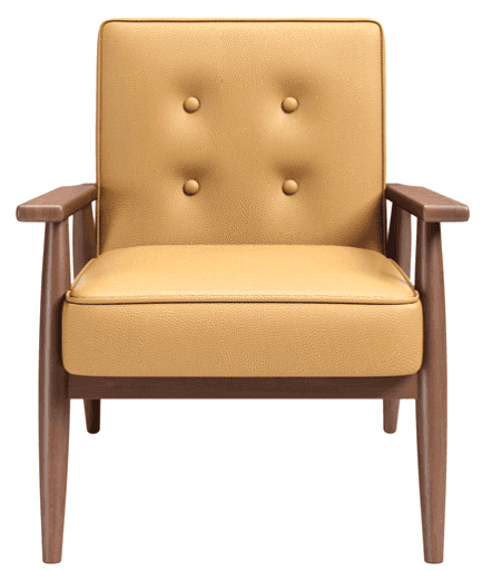 A Mid-Century Modern style armchair featuring a visible wooden frame and camel-colored upholstered c… — 3D model