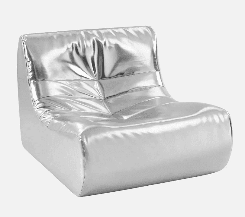 A modern, single-seat armchair with a low profile and a distinctive shiny, metallic silver finish. T… — free OBJ 3D model