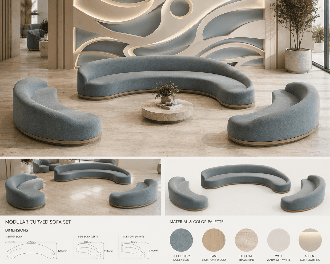Three individual curved modular seating units, upholstered in a blue-grey fabric with a low-profile… — 3D model