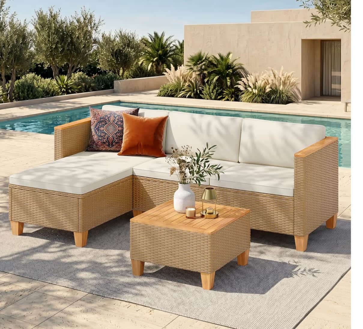 A modern outdoor L-shape sectional sofa set featuring a chaise lounge section, a three-seater sectio… — 3D model