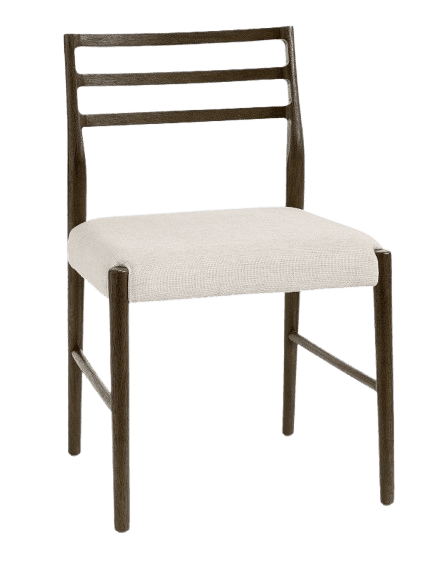 A modern dining chair with a dark wood frame and a light-colored upholstered seat. The backrest feat… — free GLTF 3D model