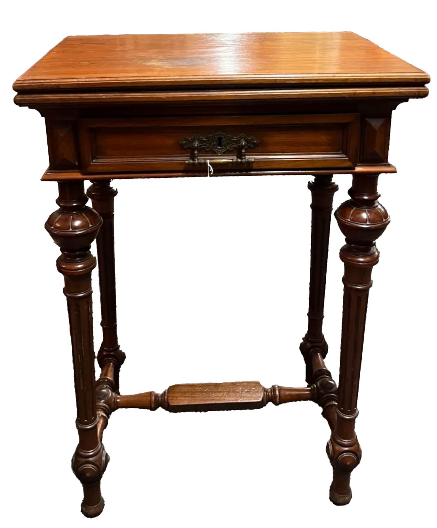 A dark wood end table with a single drawer, ornate legs, and a stretcher connecting the legs. The ta… — 3D model