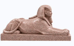 A detailed image of a sphinx sculpture, carved from what appears to be pink granite. The sphinx is d… — 3D model