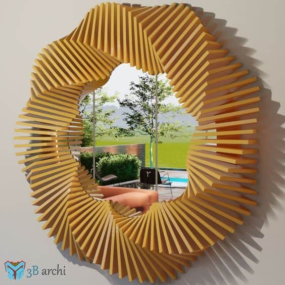 A circular mirror with a unique frame composed of numerous thin, rectangular wooden slats. These sla… — free OBJ 3D model