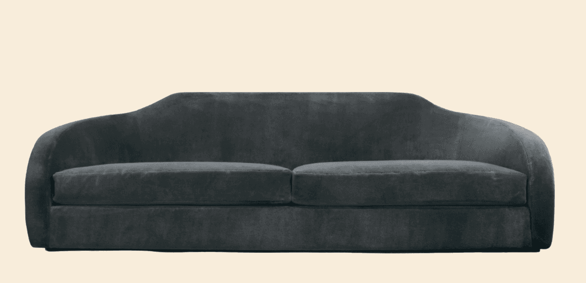 A contemporary two-seater loveseat upholstered in a dark charcoal grey velvet-like fabric. It featur… — 3D model