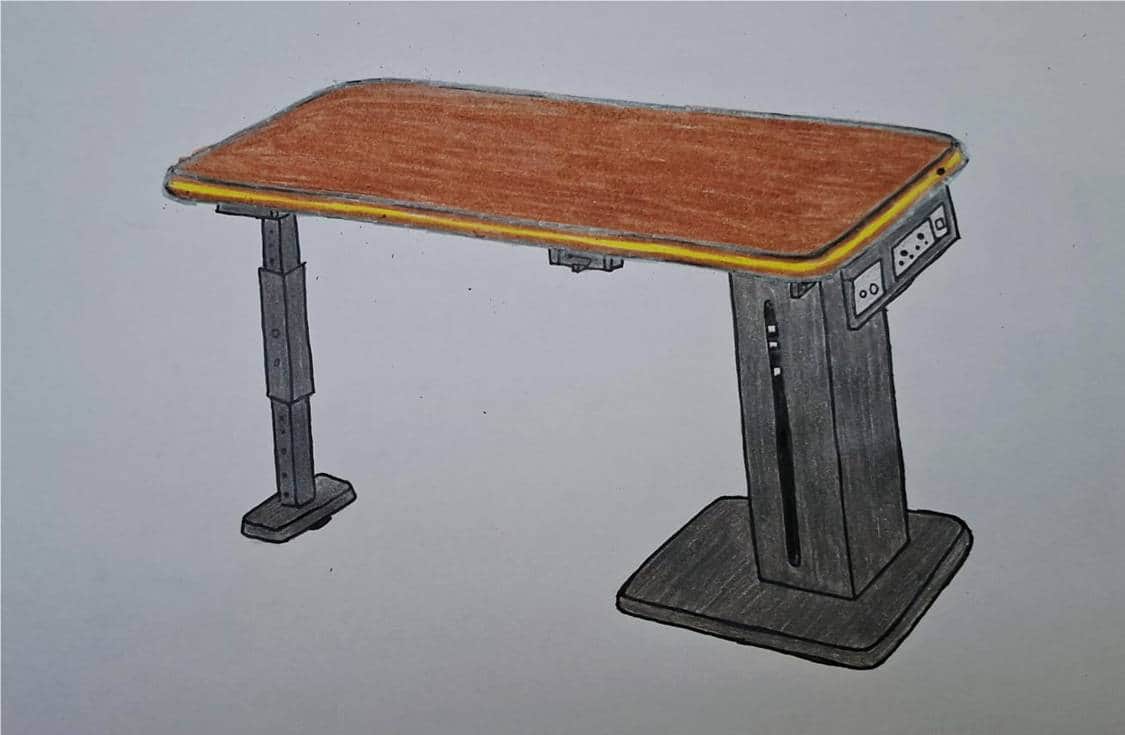An adjustable height desk with a rectangular wooden top and dark metal legs. The desk features integ… — free OBJ 3D model