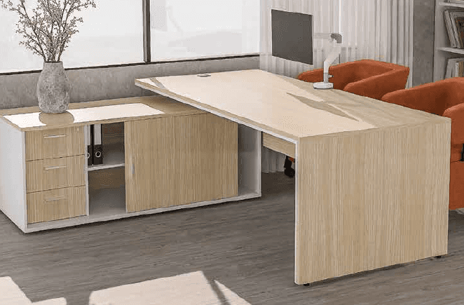 An L-shaped office desk featuring a spacious primary work surface in a light wood-tone laminate, sup… — 3D model