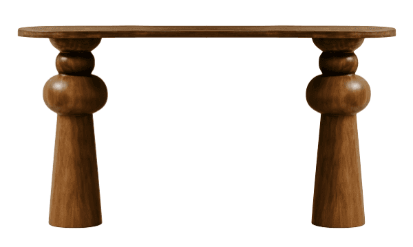 A wooden console table with a rectangular top and two sculptural pedestal bases. Each base is compos… — 3D model