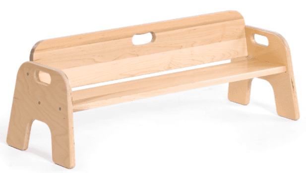 A light-colored wooden bench designed for children, featuring a simple, sturdy construction with cut… — 3D model