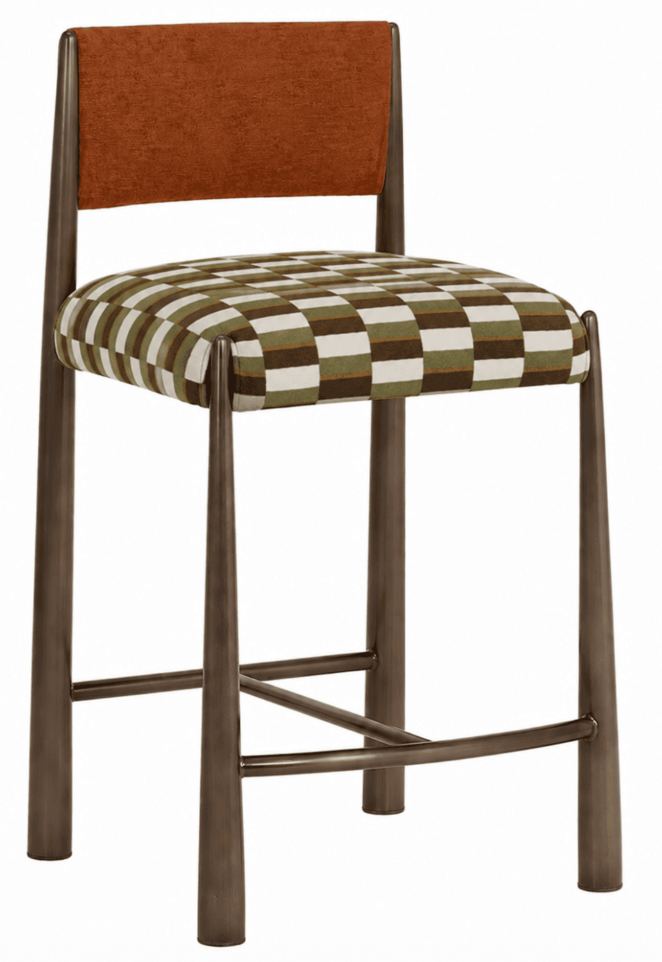 A contemporary bar stool featuring a dark bronze-finished metal frame, an upholstered seat with a gr… — 3D model