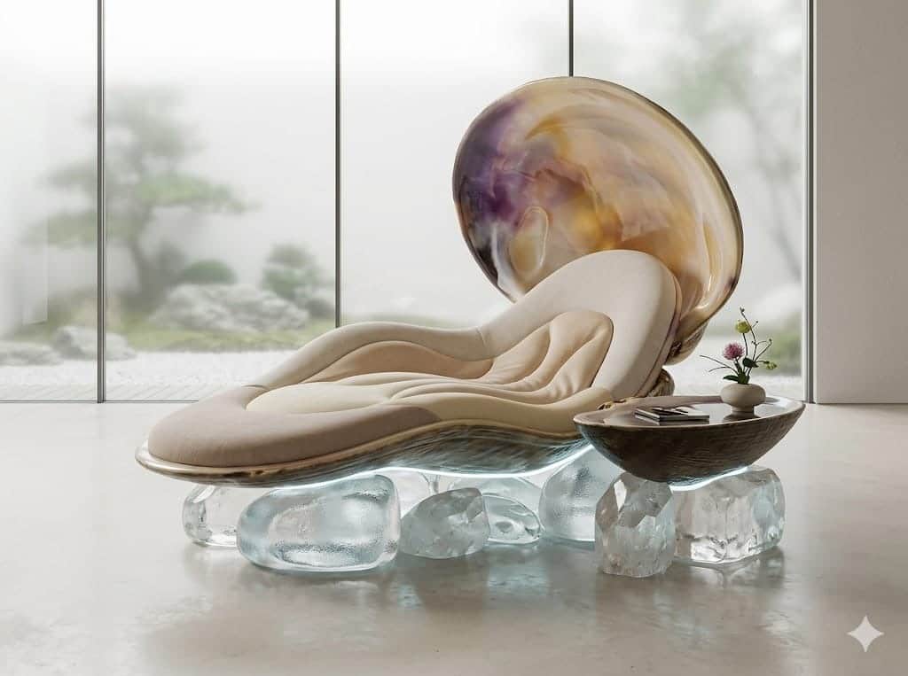 A highly sculptural lounge chair featuring an iridescent shell-like backrest and a contoured upholst… — 3D model