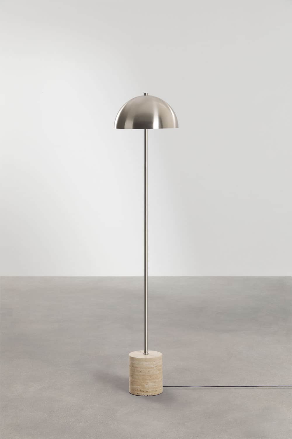 A modern floor lamp featuring a polished or brushed metal dome shade, a slender metal stem, and a cy… — 3D model