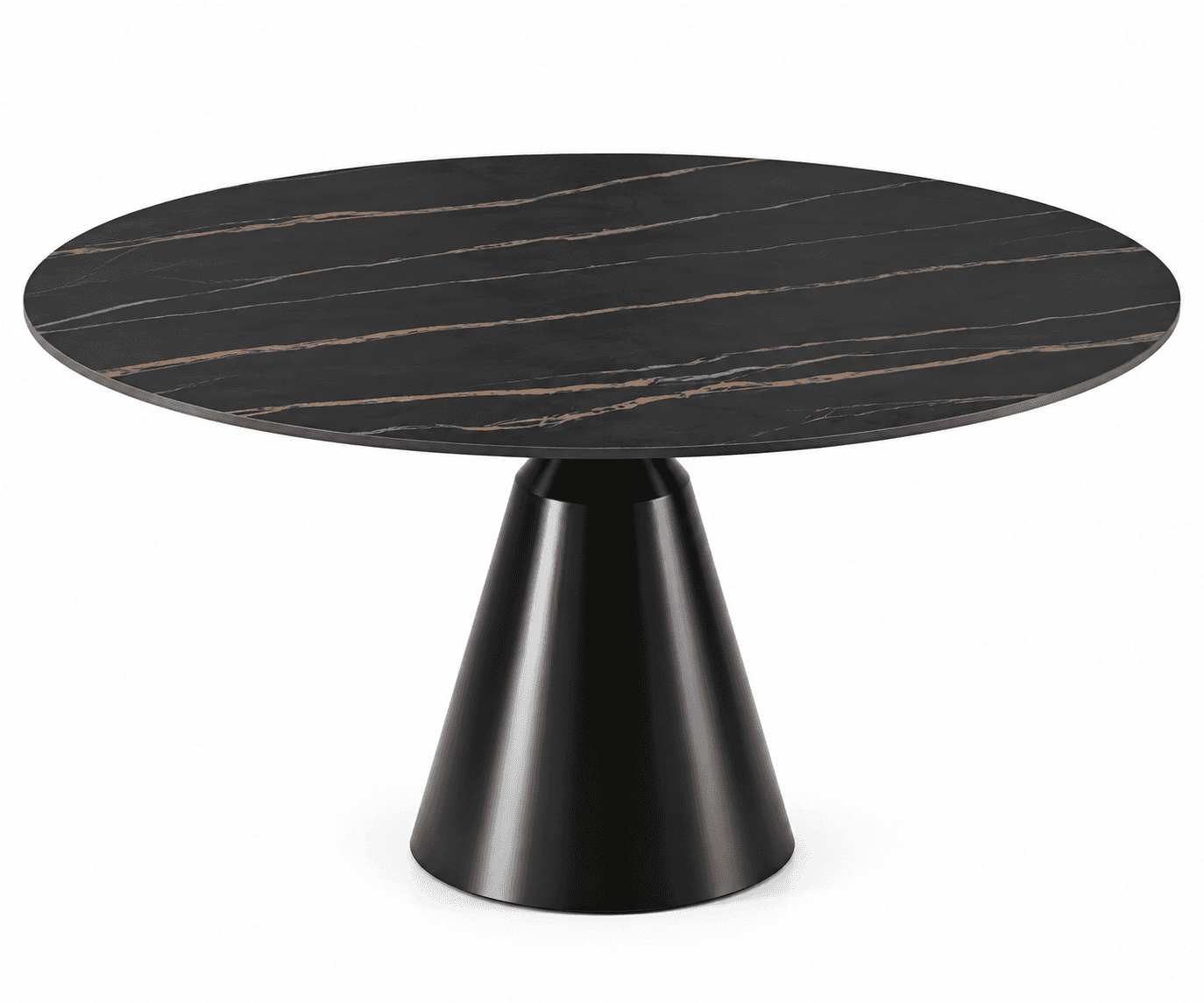 A modern round table featuring a dark, marble-patterned top with copper-toned veins and a matte blac… — free STL 3D model