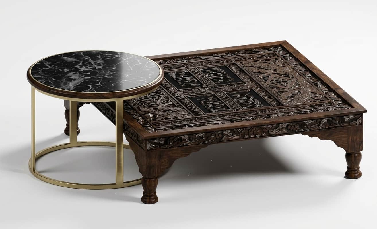 A square, low-profile coffee table crafted from dark wood, featuring extensive, intricate hand-carve… — 3D model