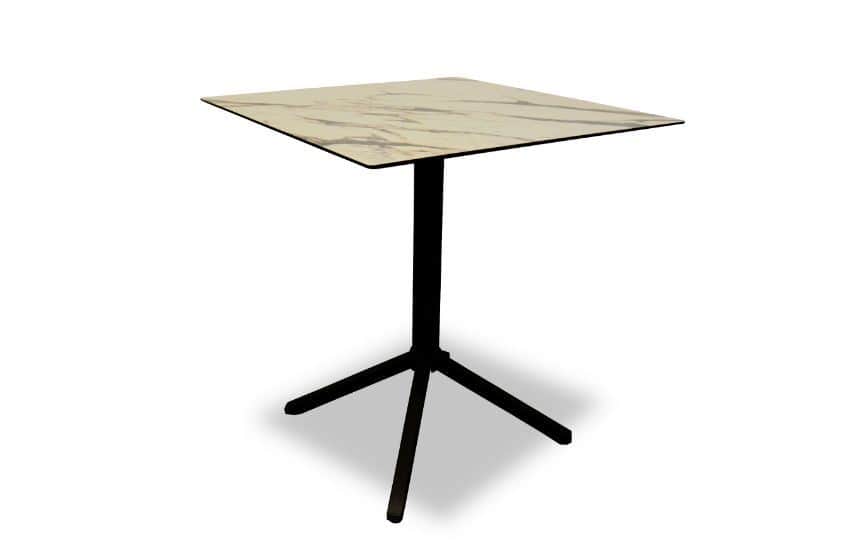 A modern square table featuring a light-colored, marble-patterned tabletop and a black, three-legged… — 3D model