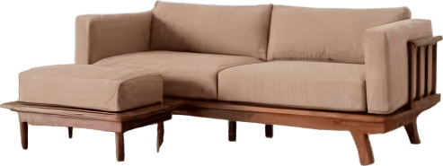 A modern two-seater sofa featuring a light-toned wooden frame and beige fabric cushions, accompanied… — 3D model