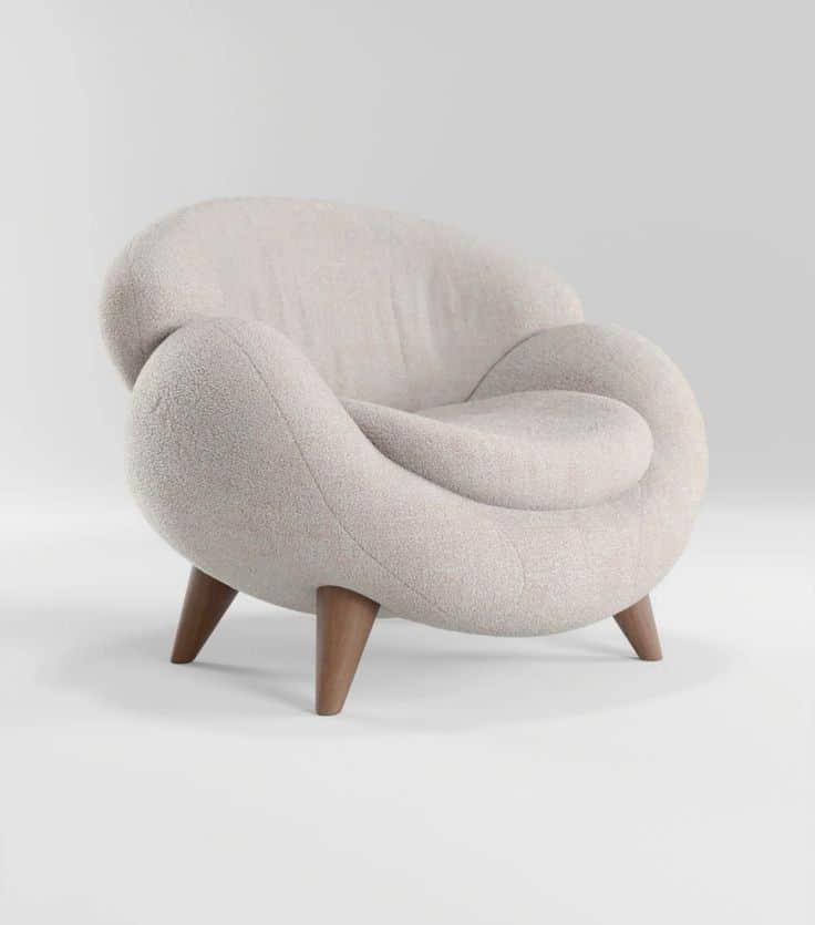 A contemporary, sculptural lounge chair upholstered in a light-colored, textured bouclé fabric, feat… — 3D model