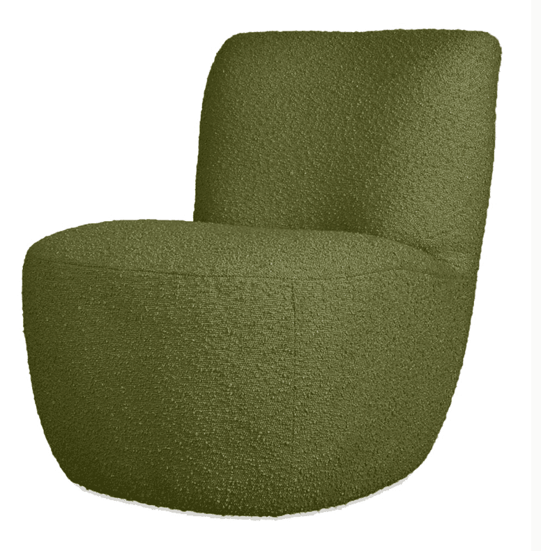 A contemporary armless lounge chair upholstered in a textured olive green boucle fabric. The chair f… — 3D model