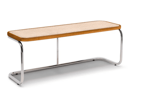 A long, narrow bench with a wooden frame and a woven cane seat. The bench is supported by tubular me… — free STL 3D model