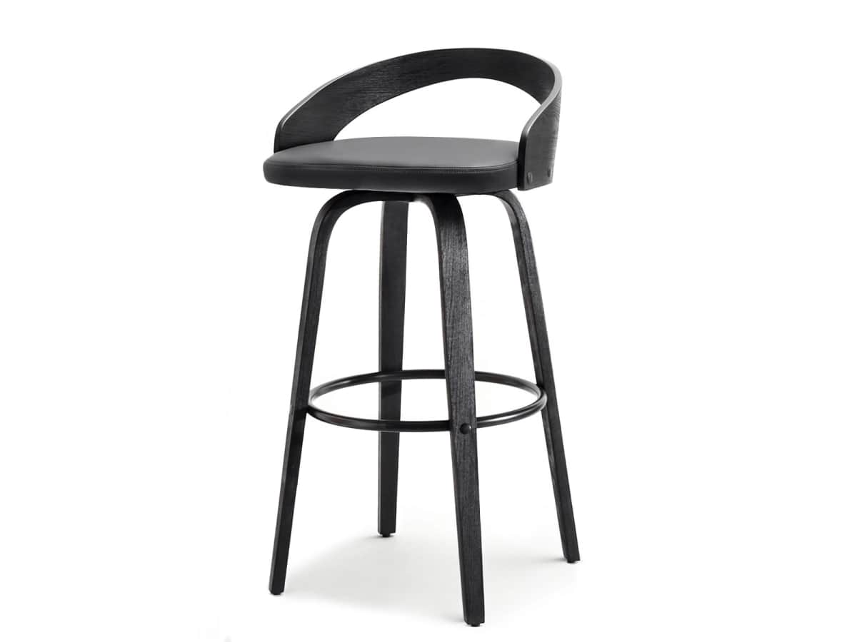 A modern black wooden bar stool with a padded swivel seat, curved low backrest, and metal footrest r… — 3D model