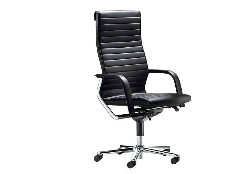 A modern, high-back office chair with a black leather-upholstered seat, backrest, and armrests. The… — 3D model