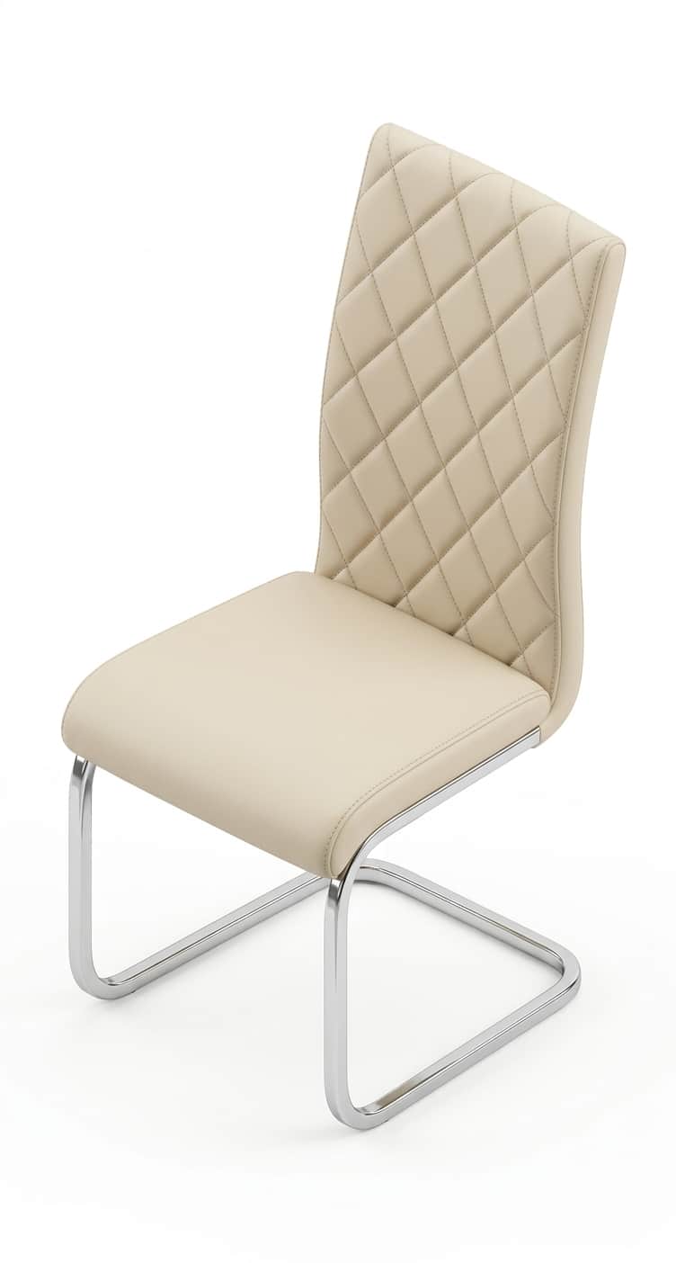 An armless modern dining chair featuring a padded seat and backrest upholstered in a light cream fau… — 3D model