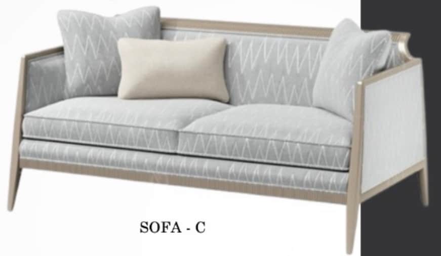 A two-seater sofa featuring a light-colored exposed wooden frame. The upholstery is a light gray fab… — free SKP 3D model