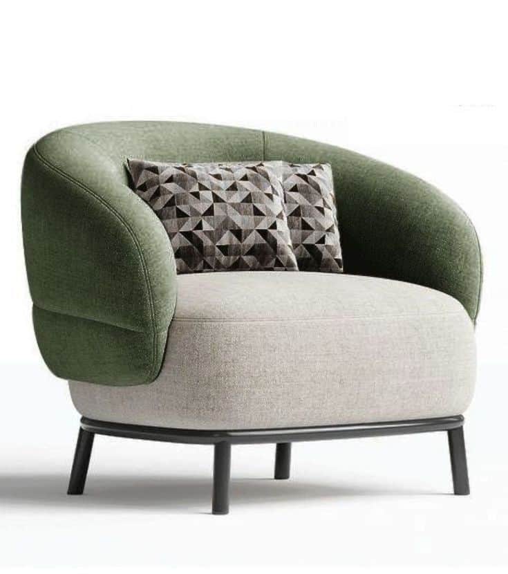 A contemporary armchair featuring a rounded, enveloping silhouette with two-tone fabric upholstery.… — 3D model