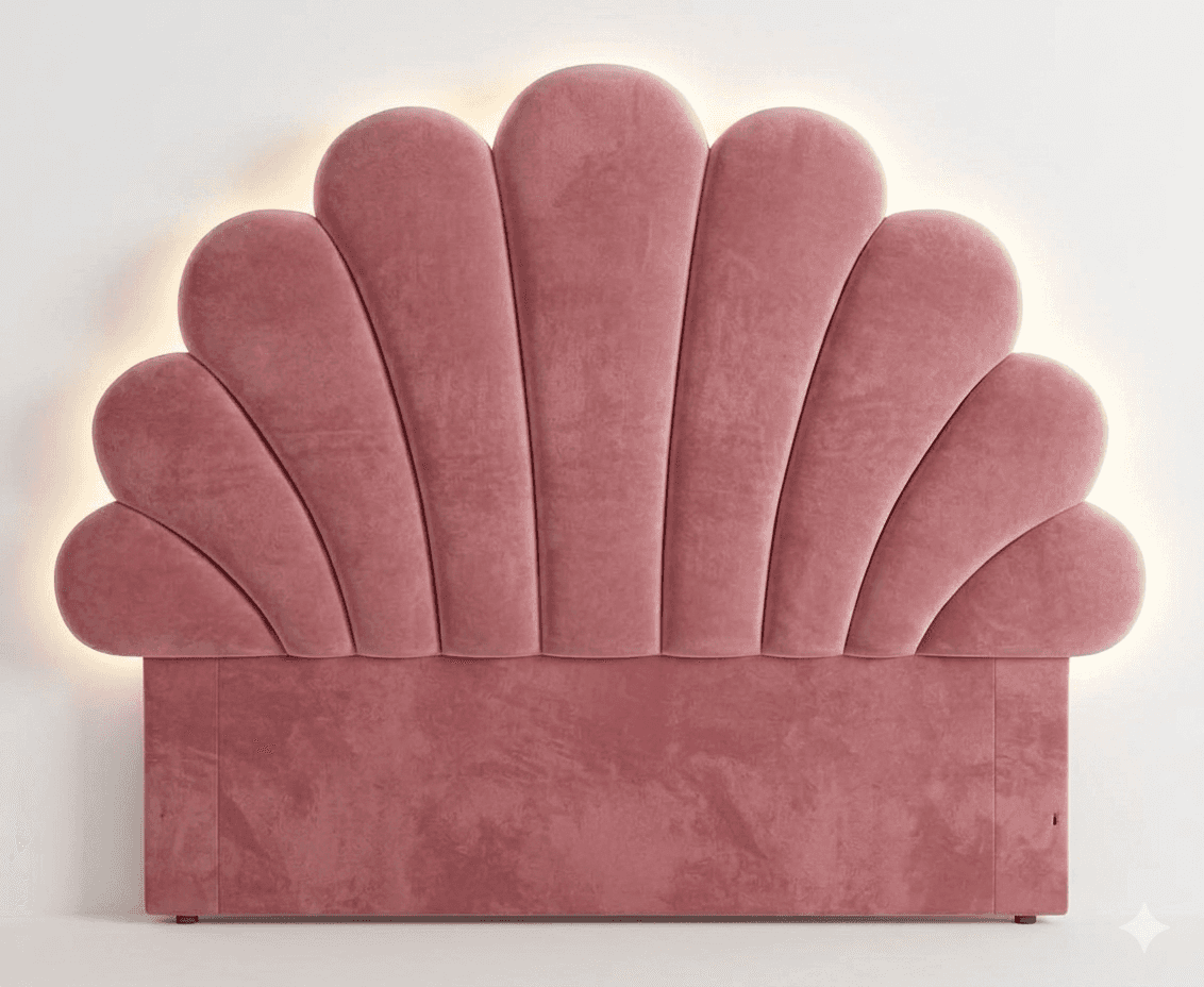 A pink velvet headboard with a scalloped, fan-like design. The edges of the fan shapes are illuminat… — 3D model