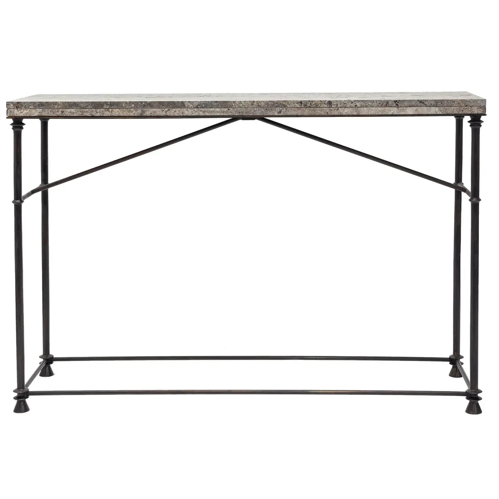 A long and narrow console table featuring a grey speckled stone top and a slender, dark metal, likel… — 3D model