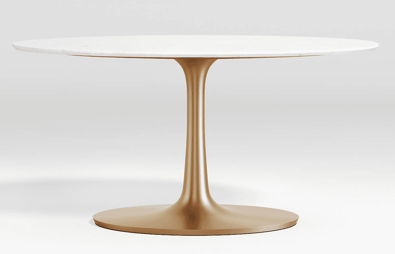 A round table featuring a polished white marble top and a golden-toned, trumpet-shaped pedestal base… — 3D model