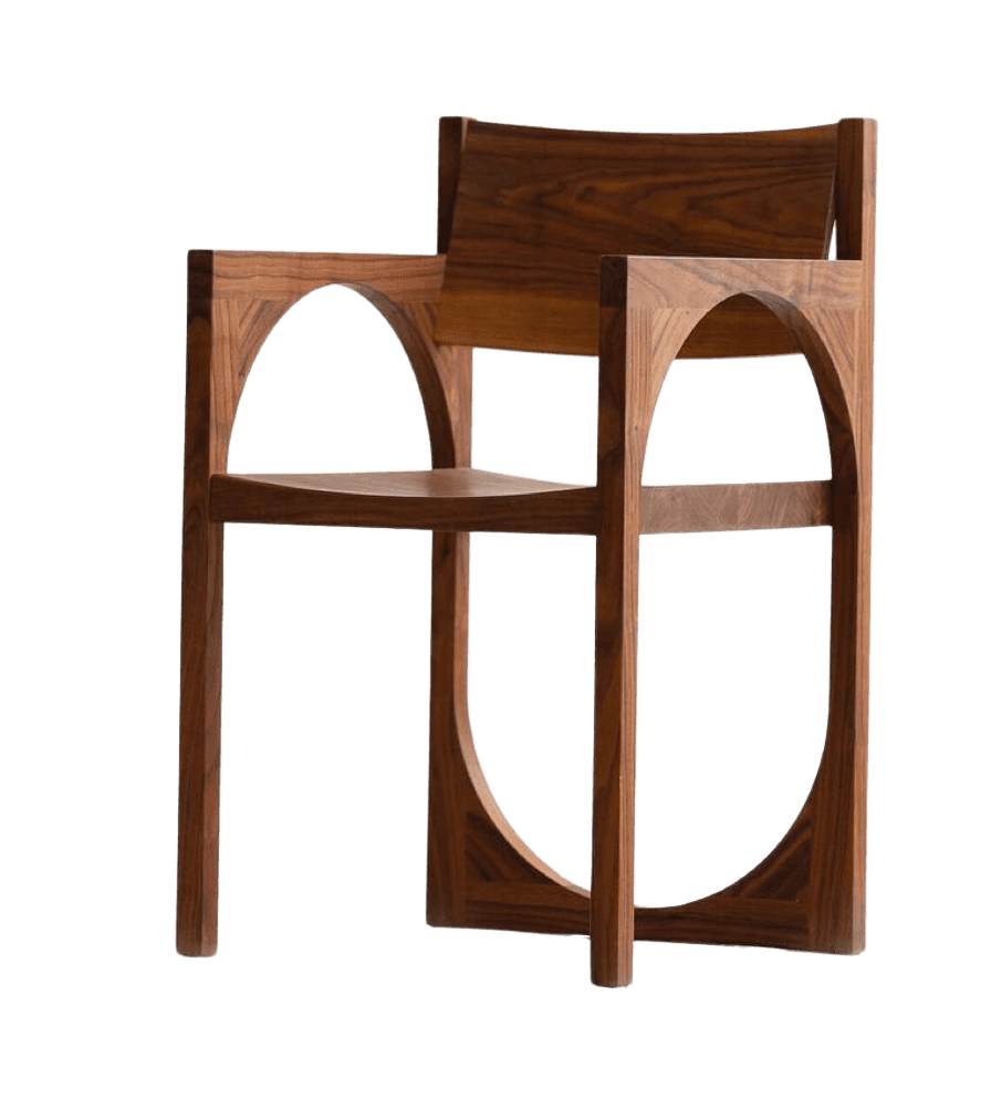 A wooden armchair with a distinctive design featuring large, semi-circular cutouts on the sides of t… — 3D model