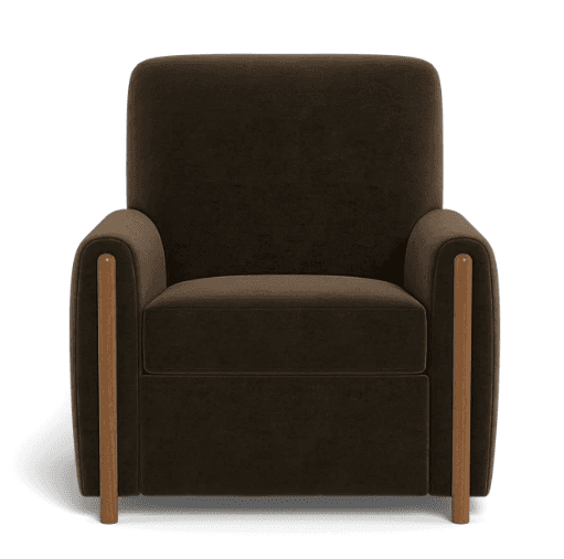 A single-seater armchair with a plush, dark brown upholstered body and wooden armrest supports. The… — free GLB 3D model