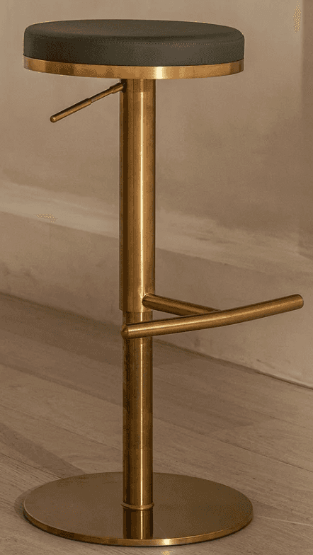 A modern adjustable bar stool featuring a round, dark grey upholstered seat and a polished brass fin… — 3D model