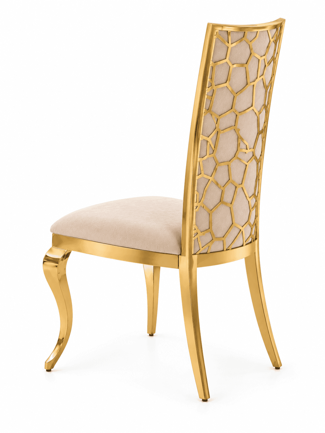 An elegant dining chair featuring a highly polished, gilded metal frame and an upholstered seat. The… — 3D model