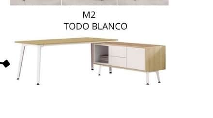 A modern L-shaped office desk featuring a light wood tabletop and an integrated storage credenza wit… — 3D model