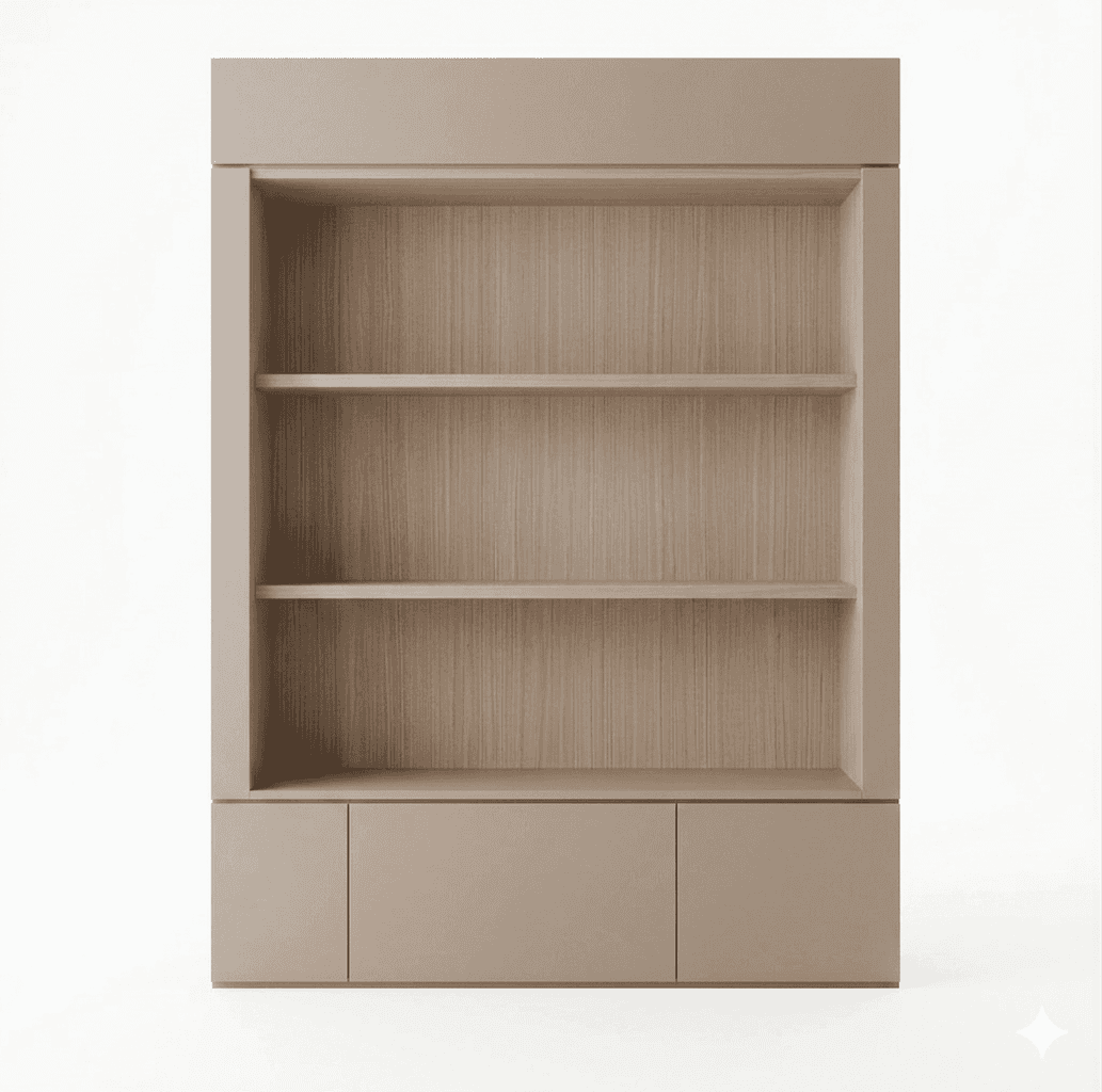 A modern bookshelf unit with an open shelving section above a closed cabinet base. The upper section… — free FBX 3D model