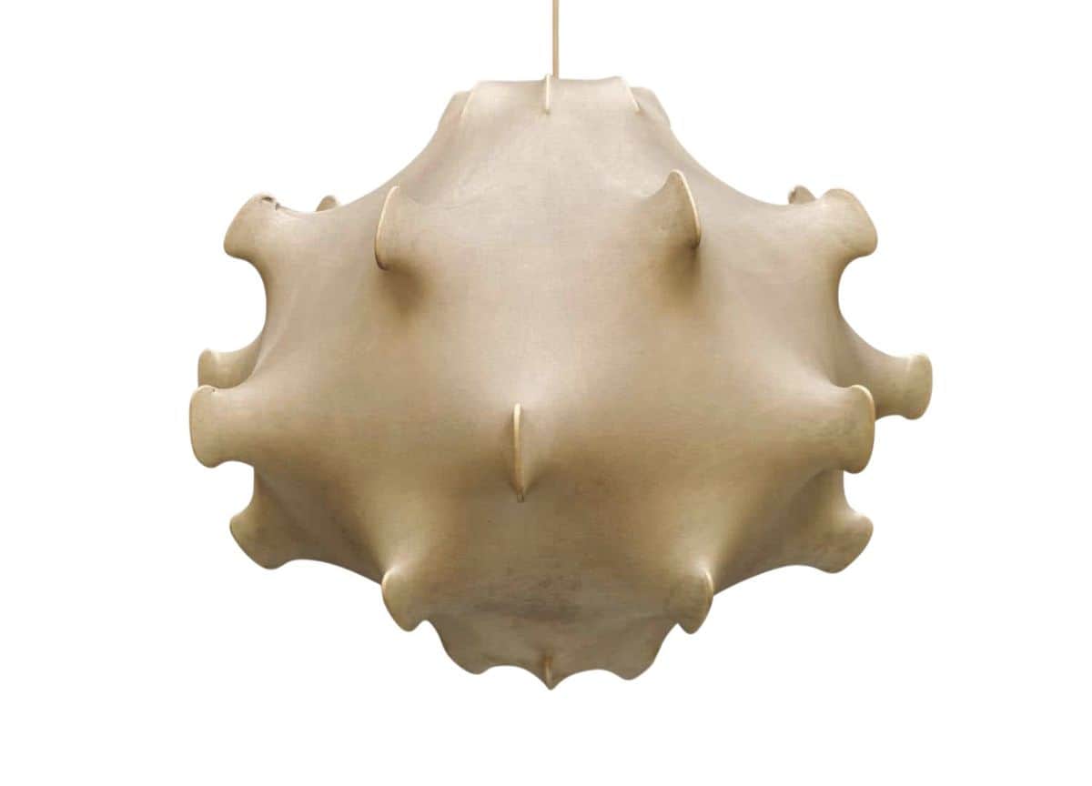 A cream-colored, organic sculptural pendant light with a biomorphic form, featuring multiple undulat… — 3D model