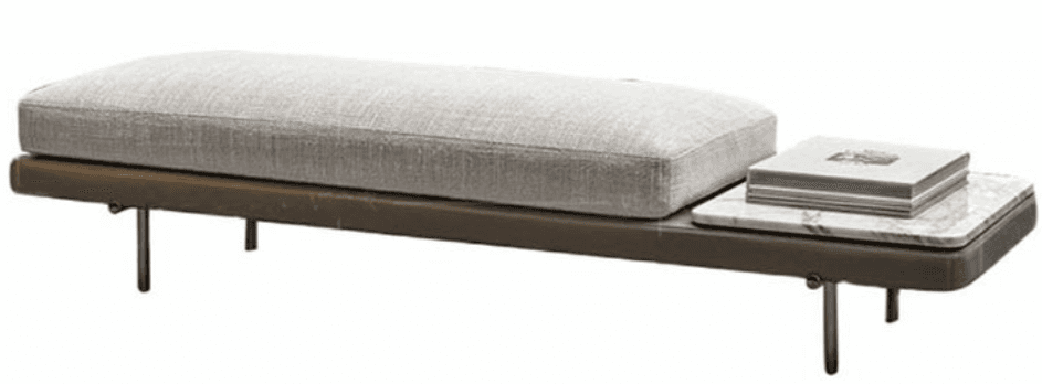 A contemporary bench featuring a long, rectangular light grey fabric upholstered cushion, a dark bro… — 3D model