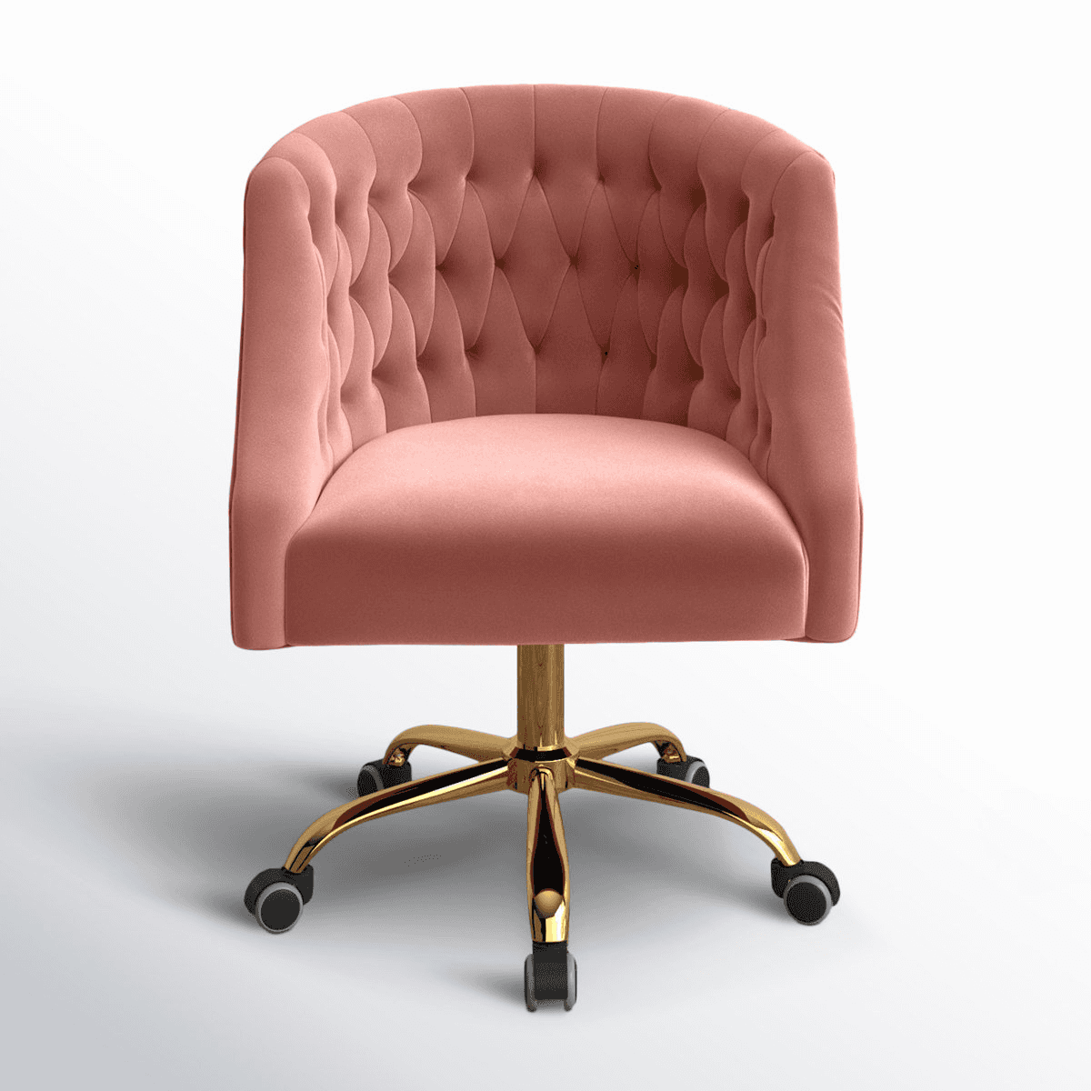 A blush pink velvet upholstered chair with a curved, tufted backrest and seat, supported by a gold-f… — free BLEND 3D model