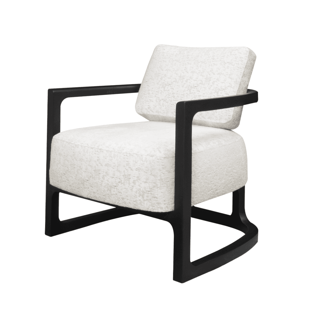 A contemporary armchair featuring an open, dark-stained wood frame and plush, light-colored textured… — 3D model