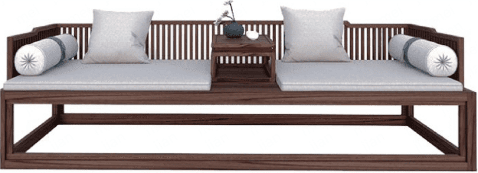 A wooden daybed with a slatted backrest and armrests. It features two seat cushions, two square thro… — 3D model