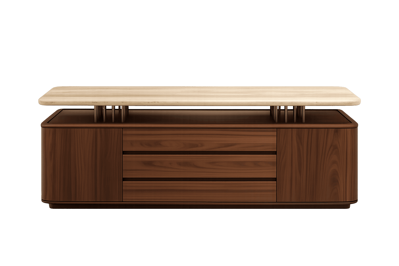 A contemporary low-profile storage cabinet featuring dark wood (likely walnut) with rounded edges, r… — 3D model