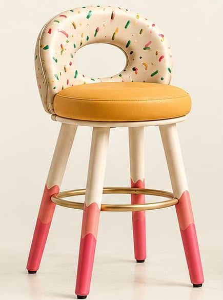 A whimsical counter stool featuring a round, cutout backrest upholstered in a cream-colored fabric w… — 3D model