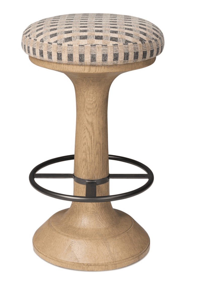 A modern bar stool featuring a round upholstered seat with a checkered pattern, supported by a flare… — 3D model
